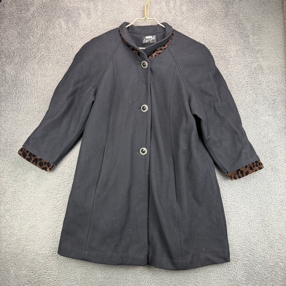 Lady‎ Suzette Vintage Black Wool Blend Leopard Trim Swing Coat Made in USA
